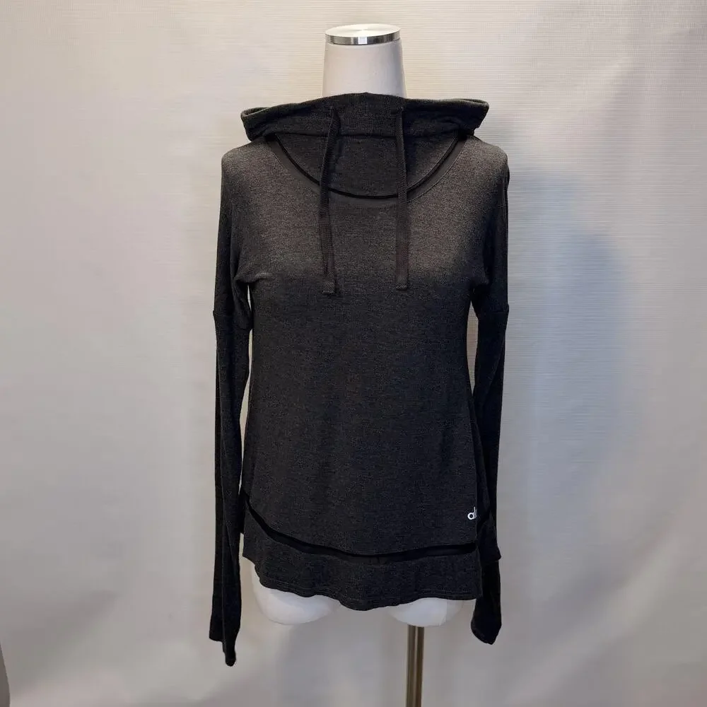 Alo Yoga Hoodie Womens XS Gray Lightweight Open Back Mesh Trim Top Pullover
